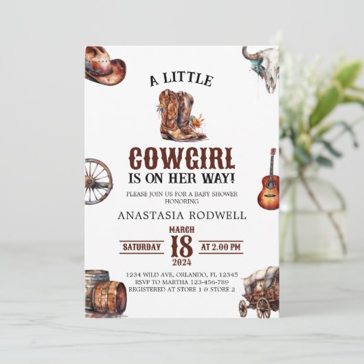 小さな女性のカーボーイワイルドウエストガールベビーシャワー 招待状 (スタンド正面)