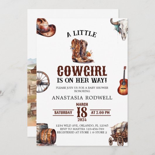 小さな女性のカーボーイワイルドウエストガールベビーシャワー 招待状 (正面/裏面)