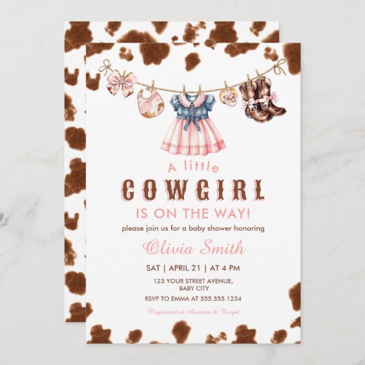 小さな女性のカーボーイ西の物干しの赤ちゃんシャワー 招待状 (正面/裏面)