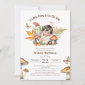 小さな妖精がウッドランドの赤ちゃんシャワーの途中にある 招待状 (正面)