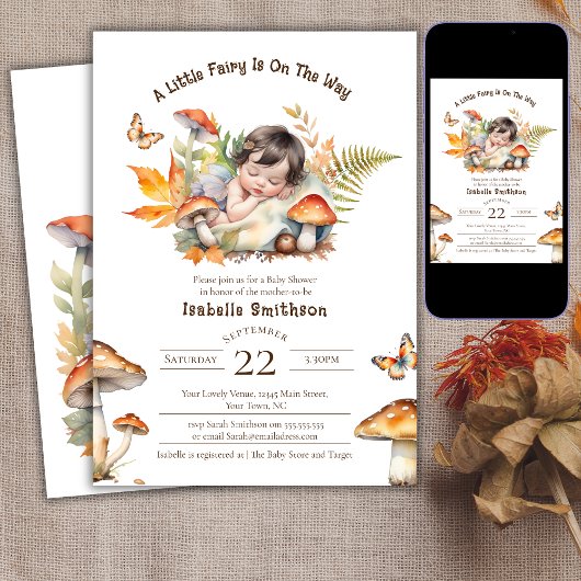 小さな妖精がウッドランドの赤ちゃんシャワーの途中にある 招待状