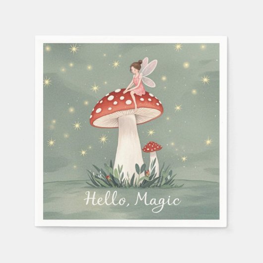 小さな妖精がキノコの上に止まっ白熱［赤熱］光を放つて スタンダードカクテルナプキン (正面)