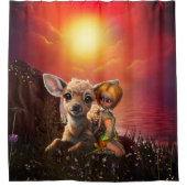 小さな妖精と可愛い子犬。 シャワーカーテン (正面)