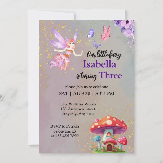 小さな妖精のキノコの家ちょうちょ すべての年齢 招待状 (正面)