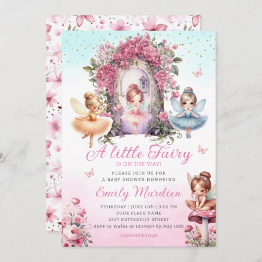 小さな妖精の女の子の赤ちゃんシャワーBohoピンクの花 招待状 (正面/裏面)