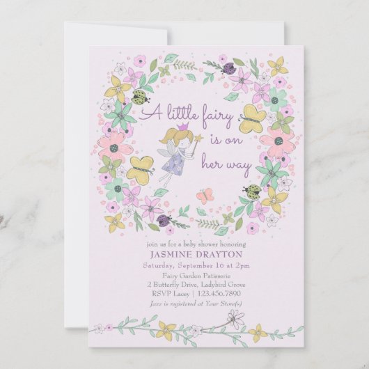 小さな妖精の気まぐれな花の庭ガールベビーシャワー 招待状 (正面)