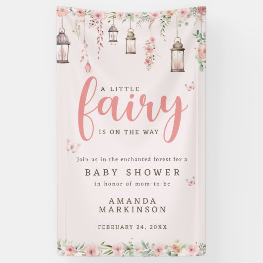 小さな妖精の魅惑ピンクの赤ちゃんシャワー 横断幕 (縦)
