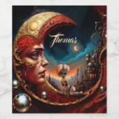 小さな妖精は赤い月の上に金ゴールド座っている。 ワインラベル (シングルラベル)