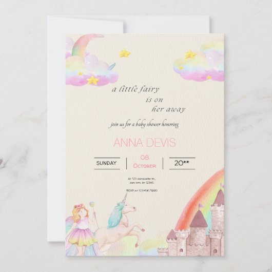 小さな妖精ベージュピンクの水の色の赤ちゃんシャワー 招待状 (正面)