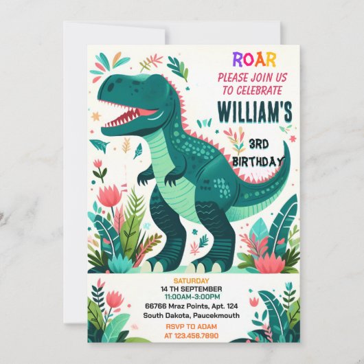 小さな子供かわいい男の子T三3レックス3日 招待状 (正面)