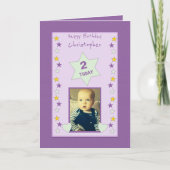 小さな子供へ男の子の紫の誕生日の写真の挨拶 カード (正面)