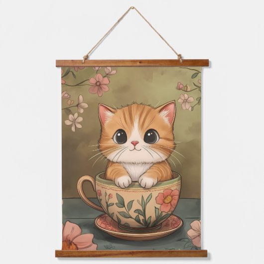 小さな子猫とお茶の時間 吊り下げ型タペストリー (正面)
