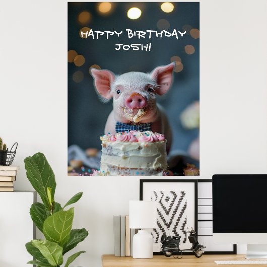 小さな子豚がお誕生日ケーキを食べる ポスター (ホームオフィス)