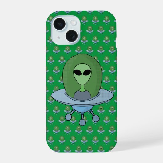 小さな宇宙船に乗ったエイリアン iPhone 15ケース (裏面)