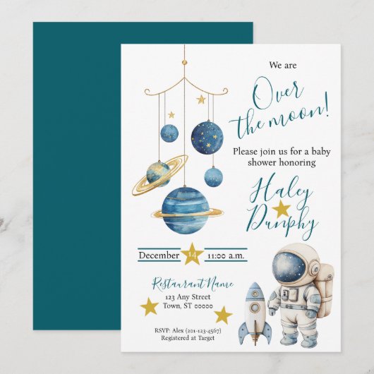 小さな宇宙飛行士のベビーシャワー招待状 招待状 (正面/裏面)