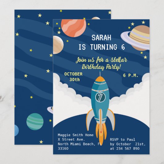 小さな宇宙飛行士の女の子の夢の誕生日パーティー 招待状 (正面/裏面)