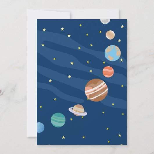 小さな宇宙飛行士の男の子は誕生日パーティーを夢見る 招待状 (裏面)