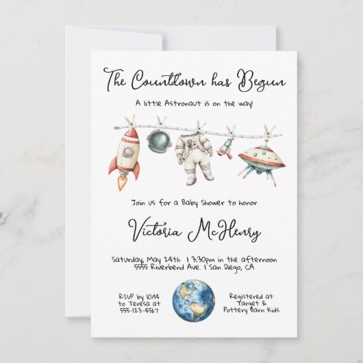 小さな宇宙飛行士の赤ちゃんシャワー物干し線 招待状 (正面)
