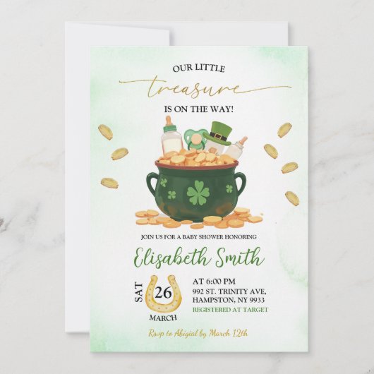 小さな宝の赤ちゃんシャワーパトリックの日 招待状 (正面)