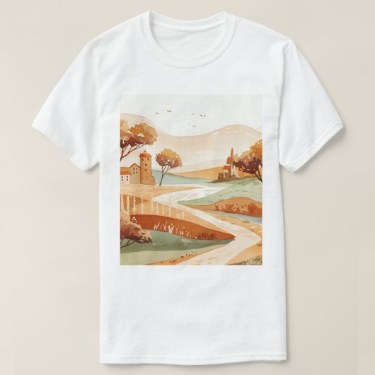 小さな家々のある丘の風景 Tシャツ (デザイン正面)