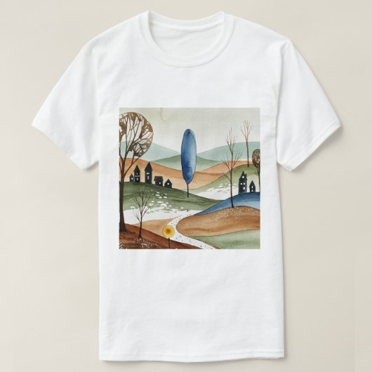 小さな家々のある丘陵の風景 Tシャツ (デザイン正面)