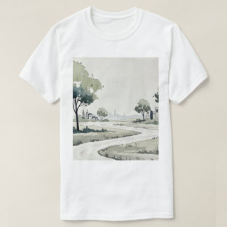 小さな家々のある丘陵の風景 Tシャツ