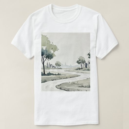 小さな家々のある丘陵の風景 Tシャツ (デザイン正面)
