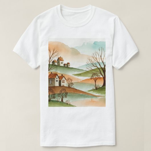 小さな家々のある丘陵の風景 Tシャツ (デザイン正面)