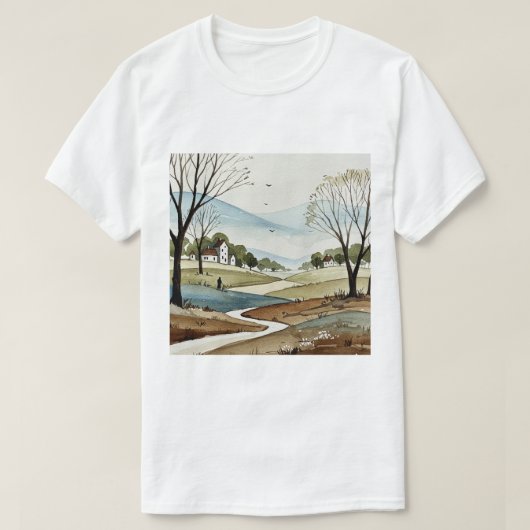 小さな家々のある丘陵の風景 Tシャツ (デザイン正面)