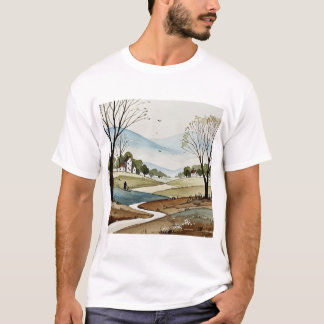 小さな家々のある丘陵の風景 Tシャツ