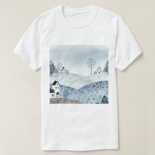 小さな家々のある丘陵の風景 Tシャツ (デザイン正面)