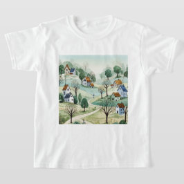 小さな家々のある丘陵の風景 Tシャツ
