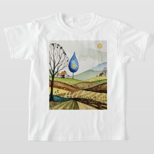 小さな家々のある丘陵の風景 Tシャツ (レイダウン)