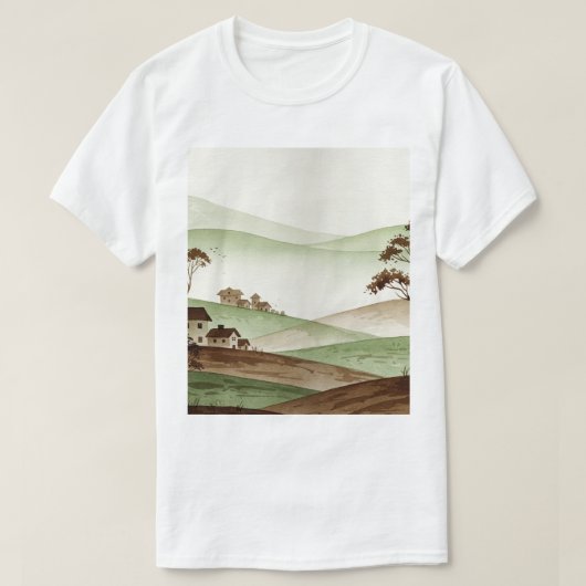 小さな家々のある丘陵の風景 Tシャツ (デザイン正面)