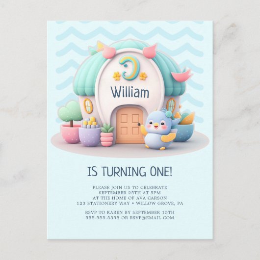 小さな家とドラゴンボーイベビー誕生日 インビテーションポストカード (正面)