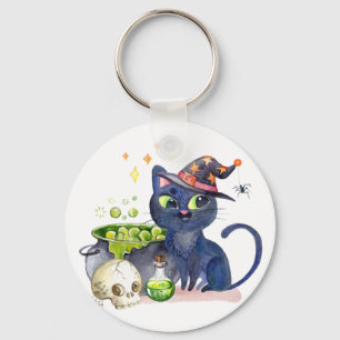 小さな小さな黒い魔女の猫のカルドロンのトート キーホルダー