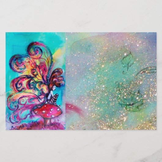 小さな小妖精や小人のキノコの金ゴールドブルーの輝き 便箋 (正面)