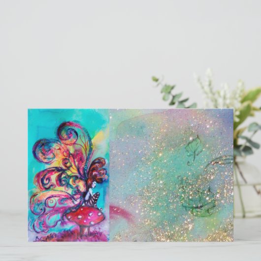 小さな小妖精や小人のキノコの金ゴールドブルーの輝き 便箋 (スタンド正面)