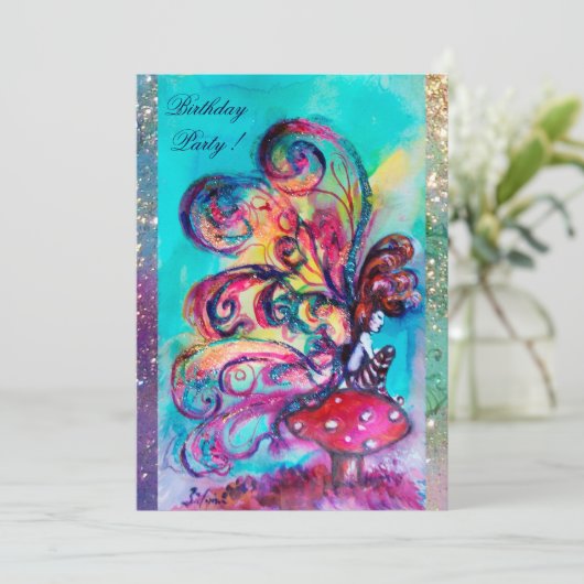 小さな小妖精や小人のキノコ、ピンク色の黄色の輝き 案内状 (スタンド正面)