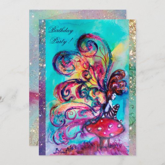 小さな小妖精や小人のキノコ、ピンク色の黄色の輝き 案内状 (正面/裏面)