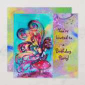 小さな小妖精や小人のキノコ、紫の黄色の輝き 招待状 (正面/裏面)