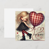 小さな少女がバスケットを持ち、赤いグリッターのハート シーズンカード (正面/裏面)