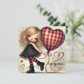 小さな少女がバスケットを持ち、赤いグリッターのハート シーズンカード (スタンド正面)