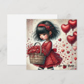 小さな少女がバスケットを持ち、赤いグリッターのハート シーズンカード (正面/裏面)