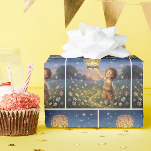 小さな少年が中国のランタンを放つ ラッピングペーパー (誕生日パーティー)