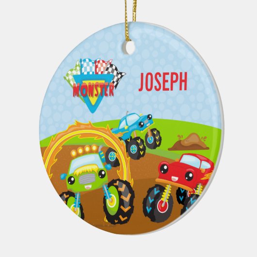 小さな少年モンスタートラックの名前と写真のクリスマス セラミックオーナメント (左)