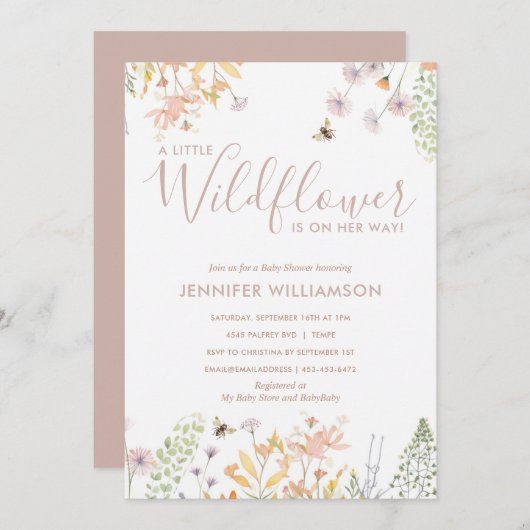 小さな山の花かわいい女の子の赤ちゃんシャワー 招待状 (正面/裏面)