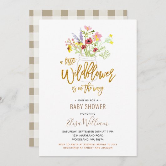 小さな山の花がベビーシャワーの途中  招待状 (正面/裏面)