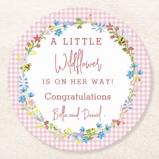 小さな山花が赤ちゃんシャワーの途中にある ラウンドペーパーコースター (正面)
