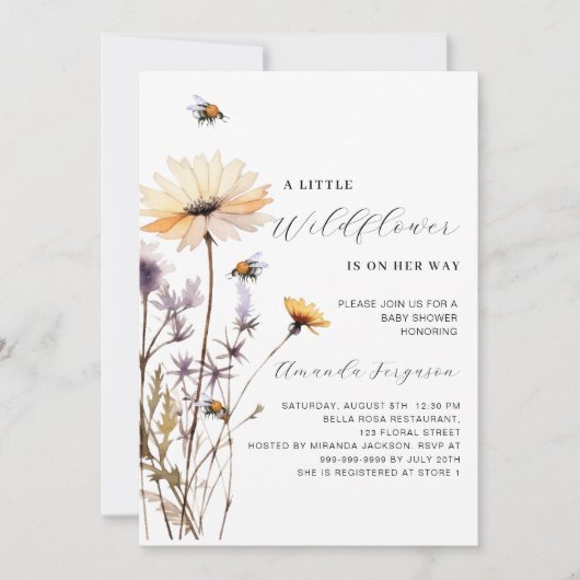 小さな山花黄色い紫の赤ちゃんシャワー 招待状 (正面)